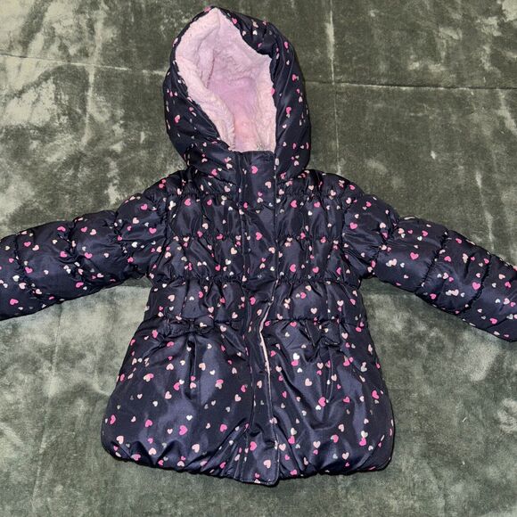 Zeroxposur Down Puffer Jacket Girls 24M Dark Blue Scattered Heart Lined Hooded - Picture 1 of 8
